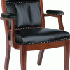 wooden chair with black cushioning and arm rests