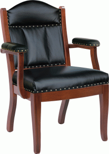 wooden chair with black cushioning and arm rests