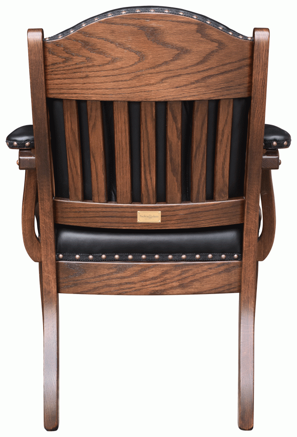 wooden chair with black cushioning and arm rests