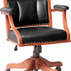 wooden chair on wheels with black cushioning and arm rests