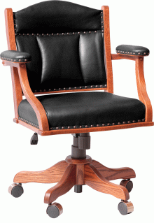 wooden chair on wheels with black cushioning and arm rests
