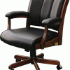 wooden chair on wheels with black cushioning and arm rests
