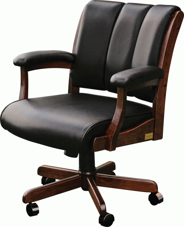 wooden chair on wheels with black cushioning and arm rests
