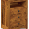 light brown wooden nightstand with 3 drawers and a cubby hole