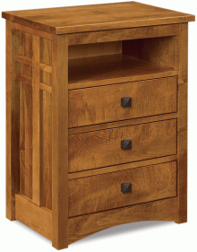 light brown wooden nightstand with 3 drawers and a cubby hole
