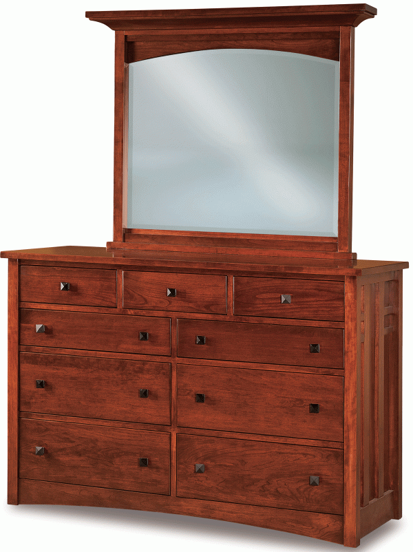 red wooden dresser with multiple drawers and a mirror
