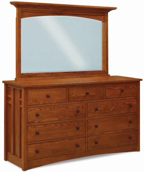wooden dresser with 9 drawers and a mirror
