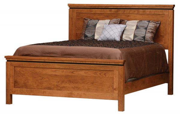 light brown wooden bed frame with a mattress and pillows
