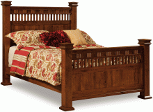wooden bed frame with a mattress and pillows