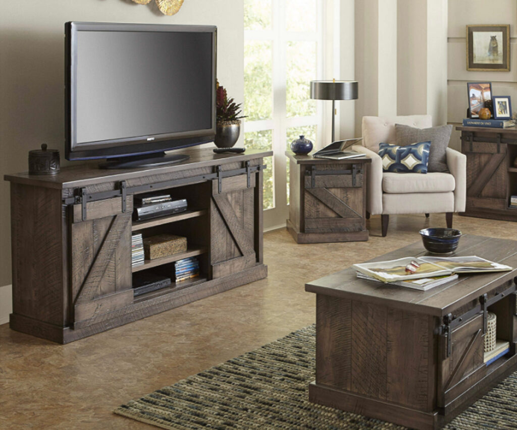 Amish living room furniture set with rustic TV stand, end and coffee tables.