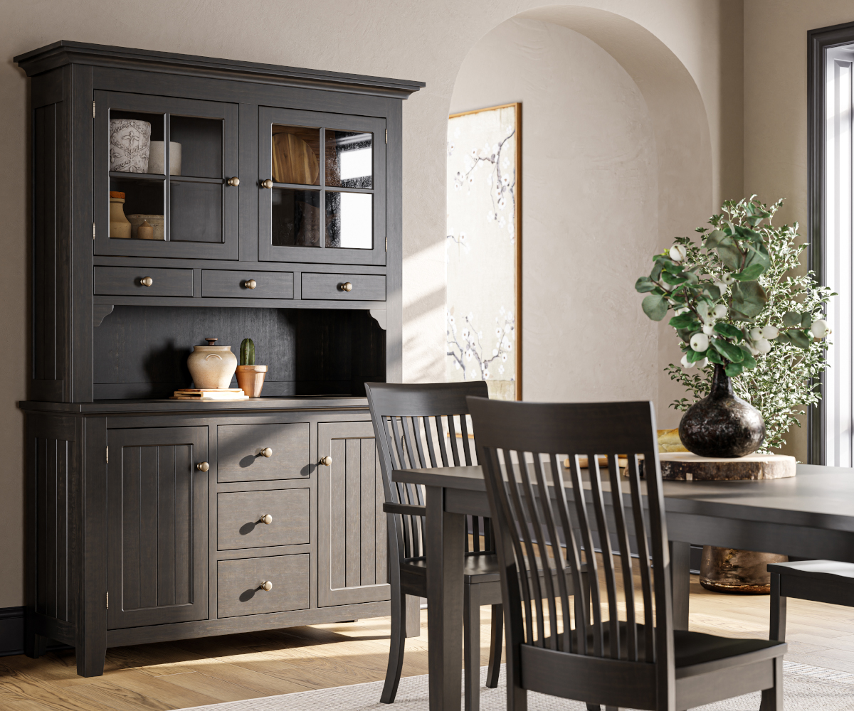 Dark shaker style Amish hutch and dining table set in bright, modern dining room.
