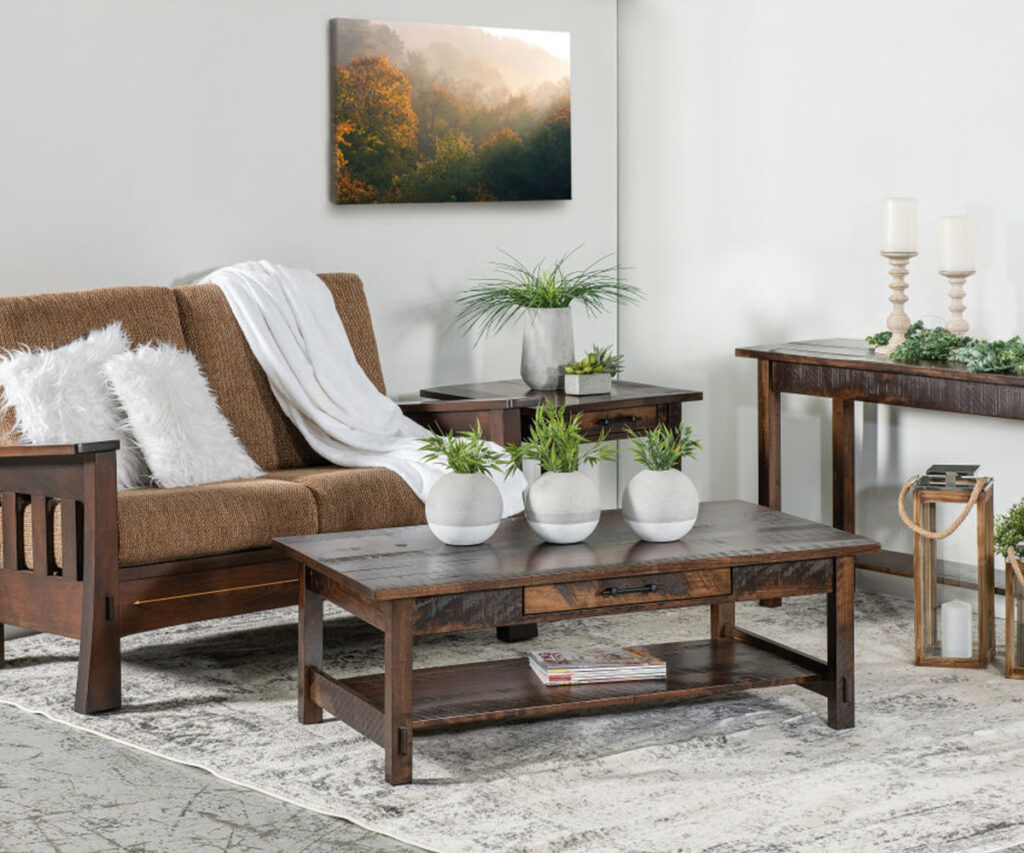 Mission-style Amish living room set with solid wood sofa, coffee, end, and console tables.