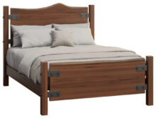 Wooden Amish bed frame with metal accents, featuring neutral bedding.