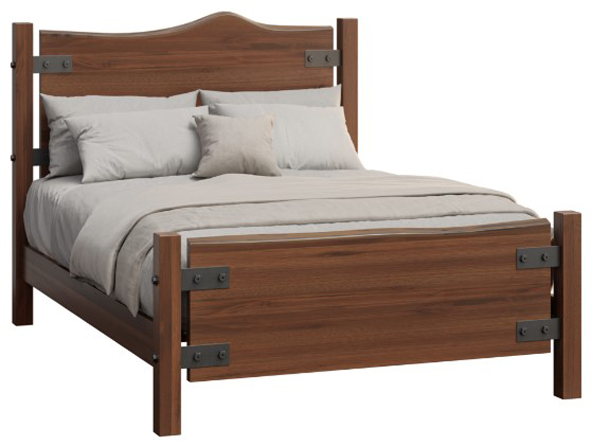 2054 Wooden Amish bed frame with metal accents, featuring neutral bedding.