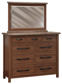 Wooden Amish dresser with nine drawers and a large mirror on top.