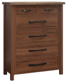 Wooden Amish dresser with five drawers, featuring black metal handles.