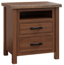 Wooden Amish nightstand with two drawers and an open shelf.