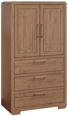 Light wooden Amish wardrobe with two doors and three drawers, featuring modern handles.