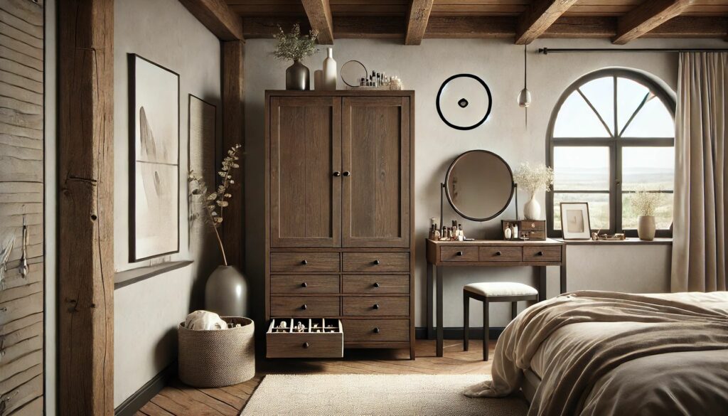 A rustic wooden jewelry armoire with multiple drawers and a sleek design, perfectly integrated into a cozy bedroom setting with a vanity and neutral-toned decor.
