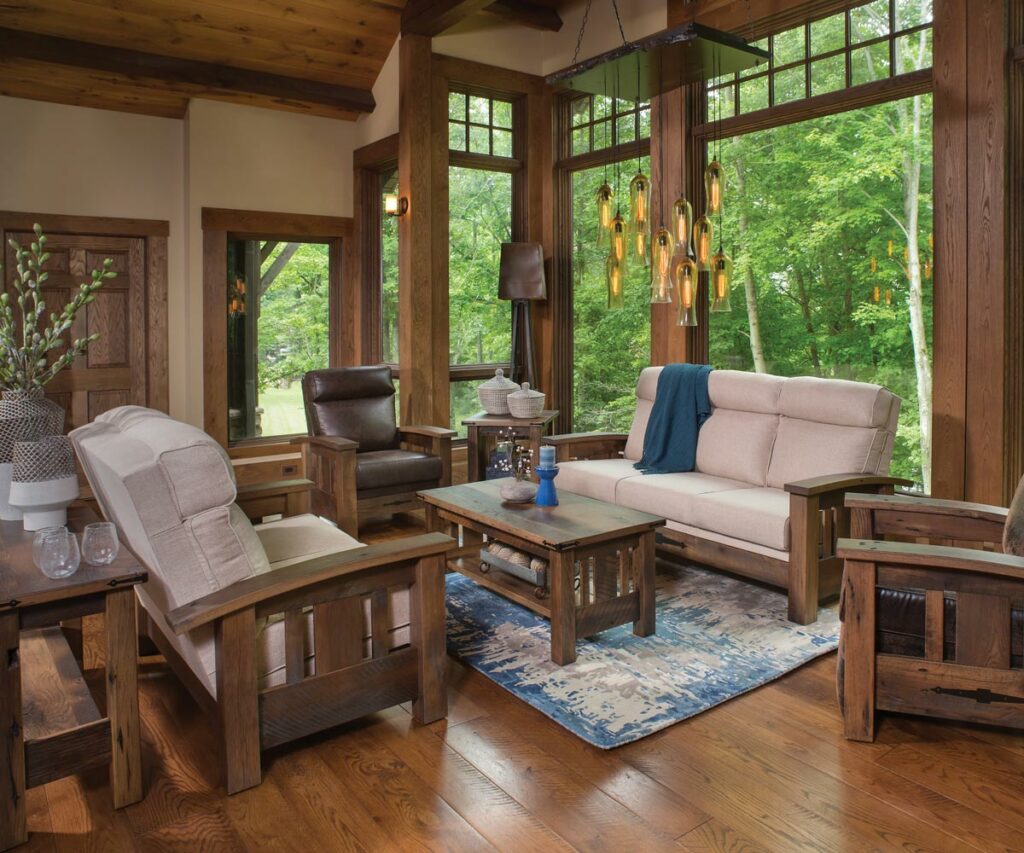 Rustic Amish living room set with Mission seating, wood tables, and cabin-style decor.
