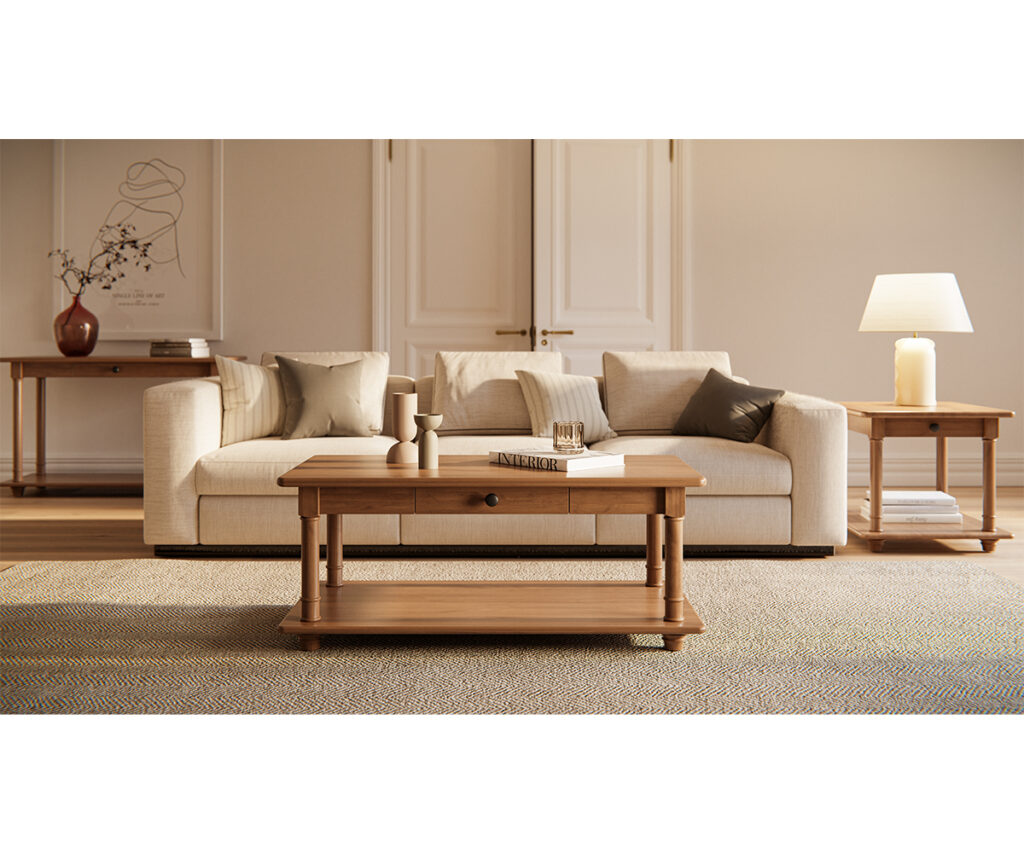 Modern minimalist living room with light sofa and solid-wood coffee and side tables.