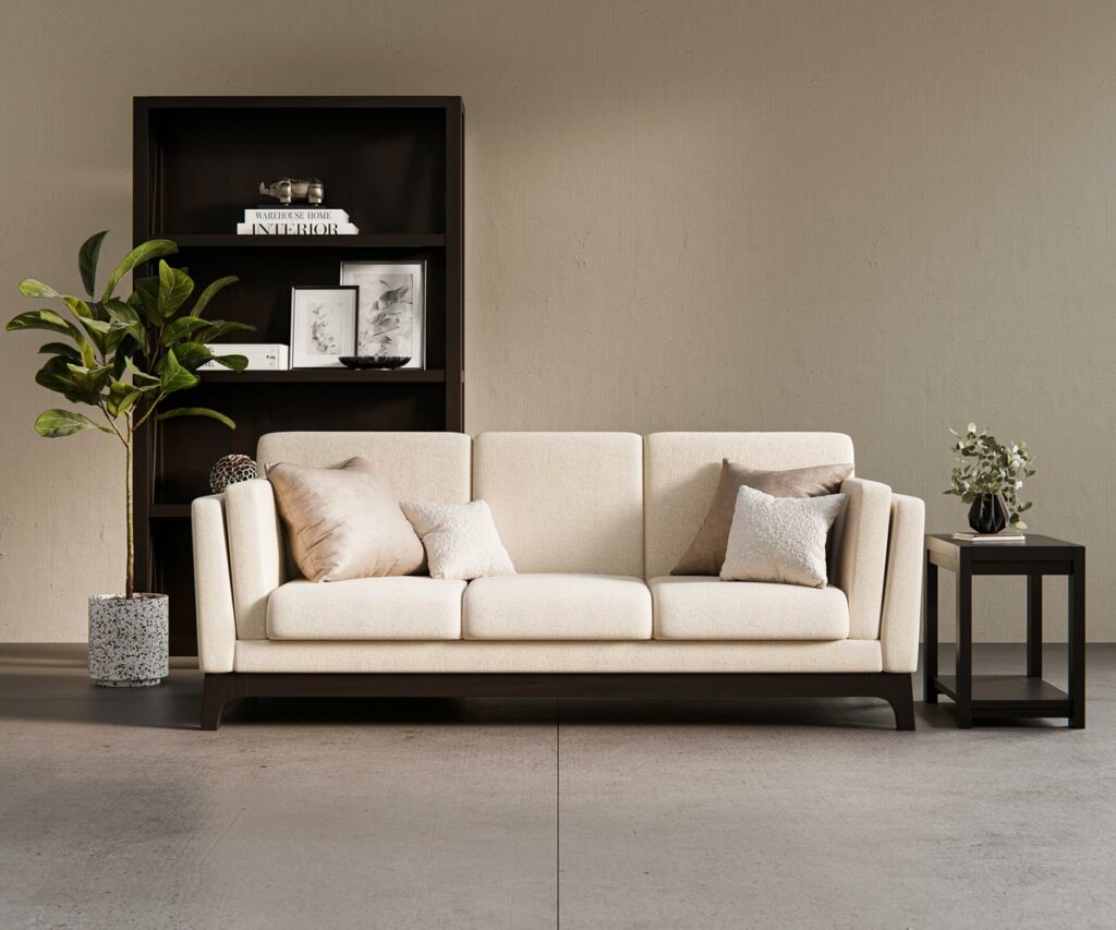 Amish living room furniture with cream sofa and dark wood accents.