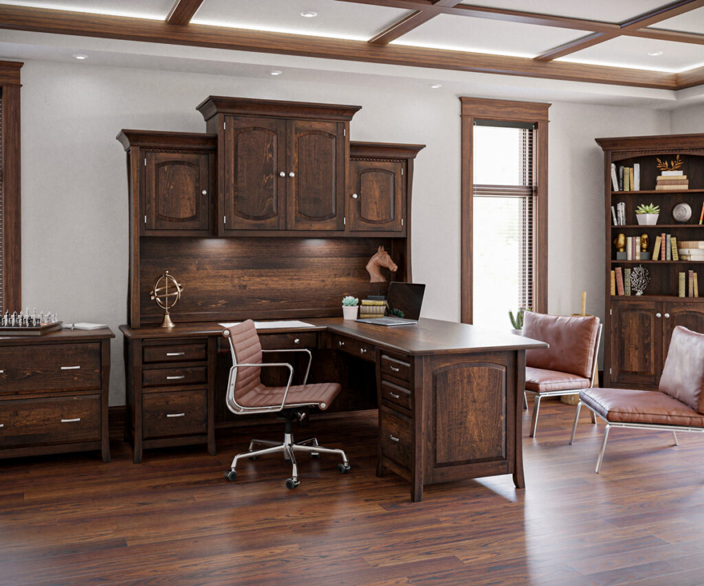 A sophisticated home office featuring dark wood furniture with ample storage and organization ideas, including a large desk with drawers, an overhead cabinet hutch, and a spacious bookshelf. Thoughtfully arranged books, decorative items, and office essentials create a tidy and efficient workspace.