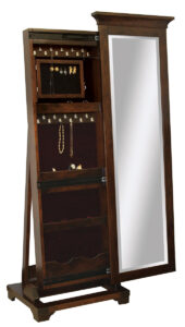 A freestanding wooden jewelry armoire with a full-length mirror, featuring hidden storage compartments for necklaces, earrings, and other accessories. This space-saving design offers stylish storage and organization ideas for keeping jewelry neatly arranged.