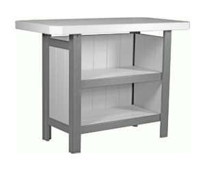 Gray and white poly outdoor bar table with two shelves.