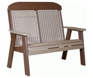 Two-tone poly garden bench with slatted back and wide arms.