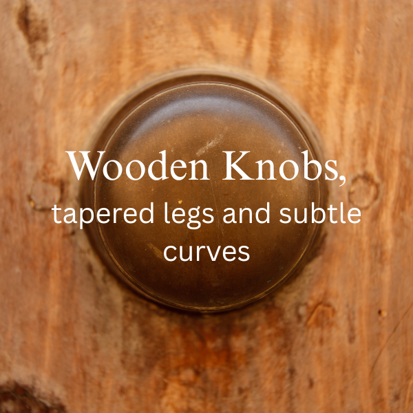 Close-up of a round wooden knob on a natural wood surface with text describing Shaker design traits.